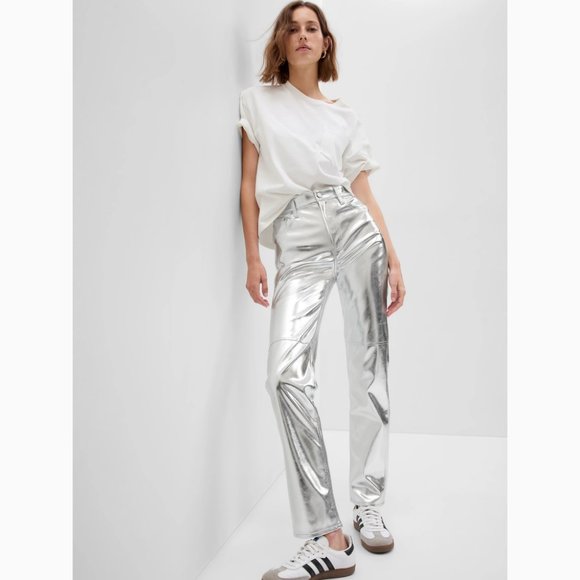 Gap Cheeky Straight High Rise Silver Vegan Leather Pants Size 28 - Picture 1 of 14